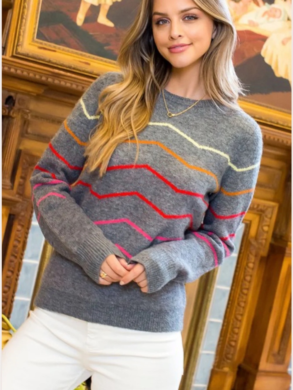 THML Gray Rainbow Chevron Striped Knit Sweater Crewneck Size L